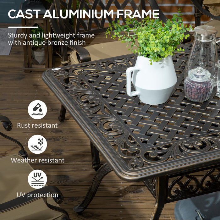 Cast Aluminum 6-Seater Patio Dining Set - Outdoor Furniture with Cushioned Chairs & Umbrella Hole - Ideal for Family Gatherings & Garden Parties