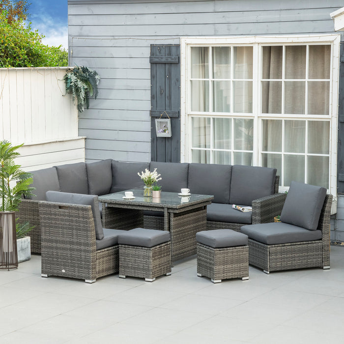 7 Piece Rattan Garden Set - 10-Seater Sectional Sofa, Cushioned Seats, Footstools & Expandable Glass Table - Ideal for Outdoor Entertainment, Yard or Patio Use