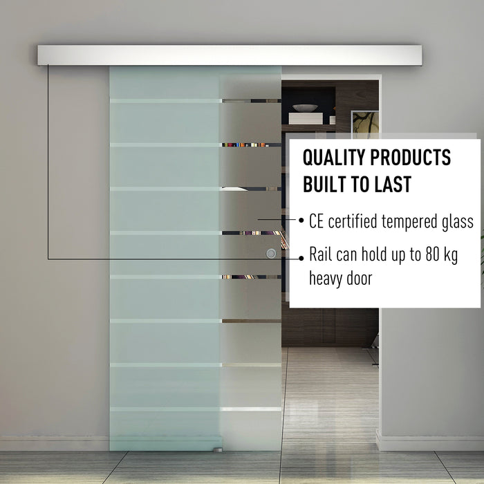 Tempered Glass Sliding Barn Door with Aluminum-Alloy Rail and Handle - Frosted Stripe Design for Modern Interiors - Ideal for Space-Saving and Stylish Privacy Solutions