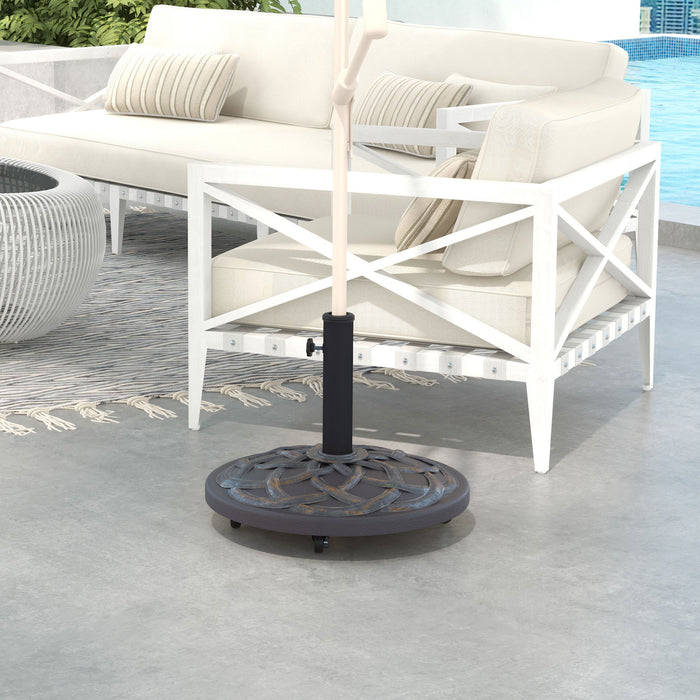 Heavy-Duty 27kg Concrete Parasol Base with Wheels - Decorative Bronze-Toned Umbrella Stand for Stability - Ideal for Outdoor Patio Use and Windy Conditions