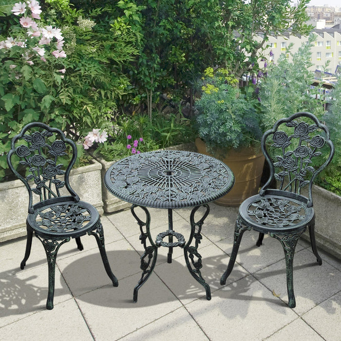 Elegant Cast Aluminium Bistro Set - 3-Piece Green Patio Garden Table and Chairs - Outdoor Entertaining and Dining Furniture