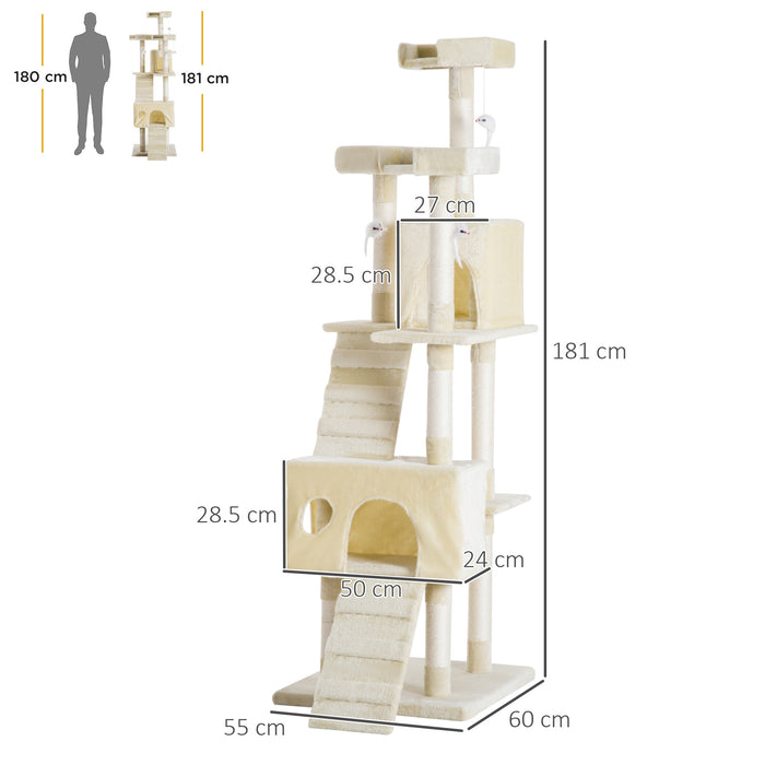 Cat Tower Centre Sisal - Multi-Level Kitten Tree with Scratch Post, Scratcher, Climbing Toy and Bed - 181cm Tall for Playful Cats and Kittens