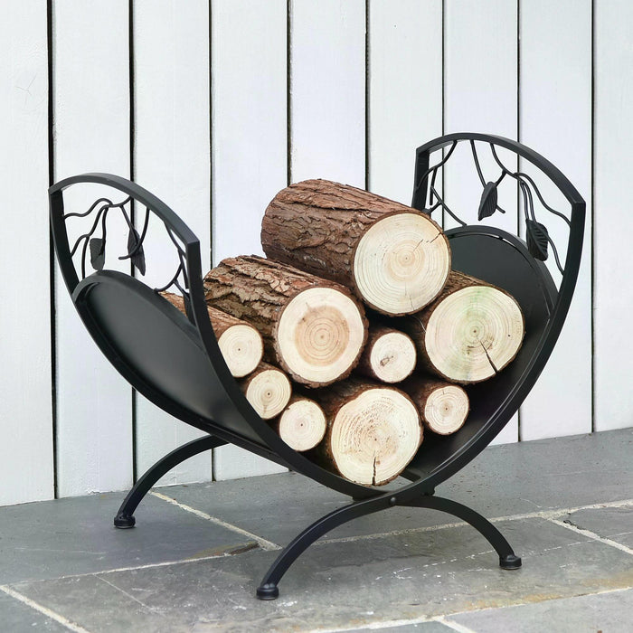 Heavy Duty Folding Arced Firewood Holder with Leaf Scroll Design - Indoor/Outdoor Log Storage Rack - Garden Firewood Stacker for Home Organization