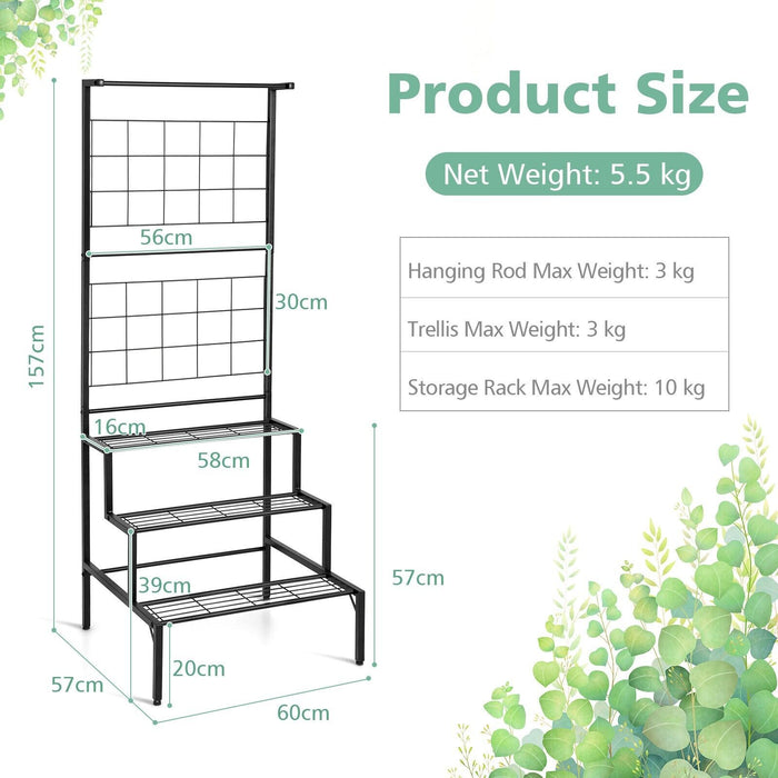 Freestanding 3-Tier Plant Stand - With Trellis and Hanging Rod Design - Ideal for Indoor or Outdoor Gardening Display