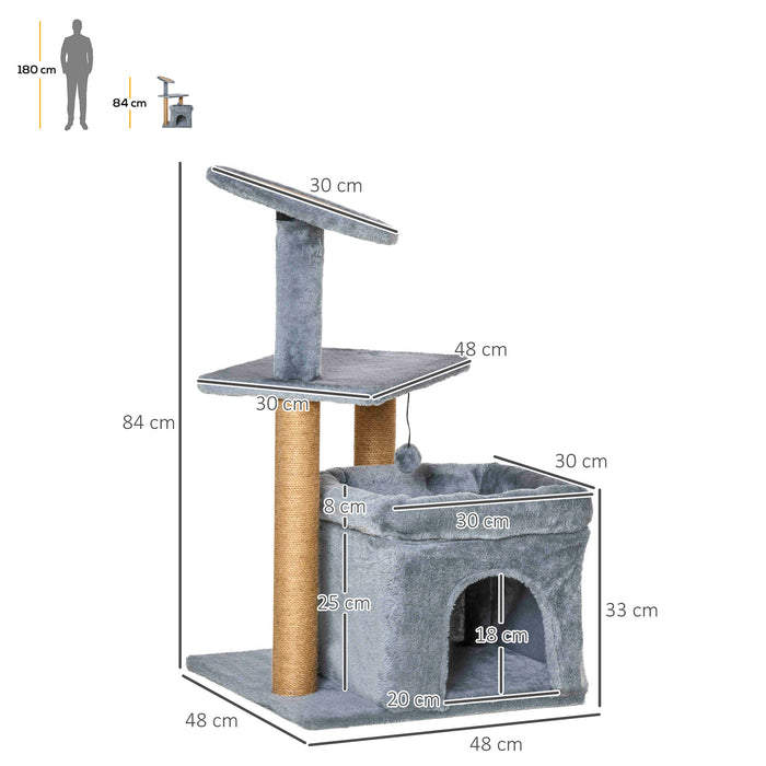 Kitten Activity Center with Scratching Posts - Multi-Level Cat Tree Tower with Condo Perch Bed & Interactive Ball Toy, 48x48x84cm - Ideal for Playful Cats and Kittens, Grey