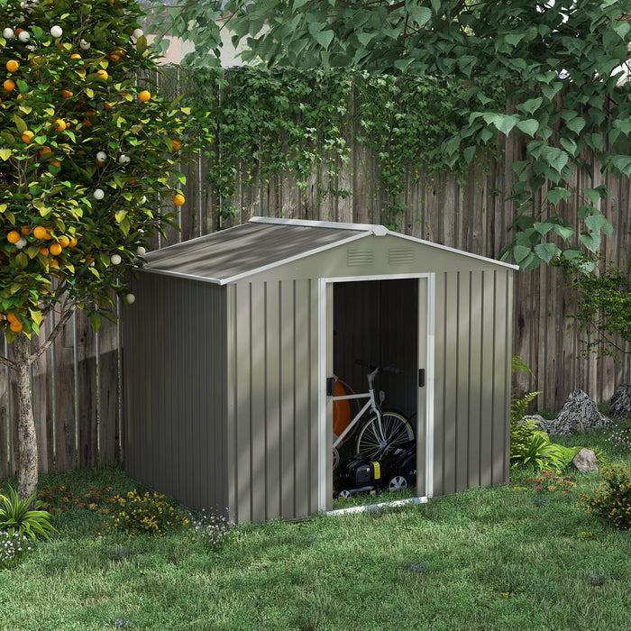 Metal Garden Storage Shed 8x6ft - Outdoor Tool House with Ventilation & Sliding Doors, Light Grey Finish - Ideal for Secure Yard Equipment Organization