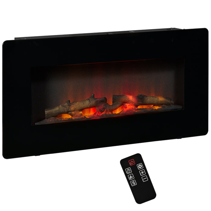 Electric Wall-Mounted Fireplace Heater - Adjustable Flame, Remote, Timer, 1800/2000W Power in Black - Cozy Ambiance for Home Heating