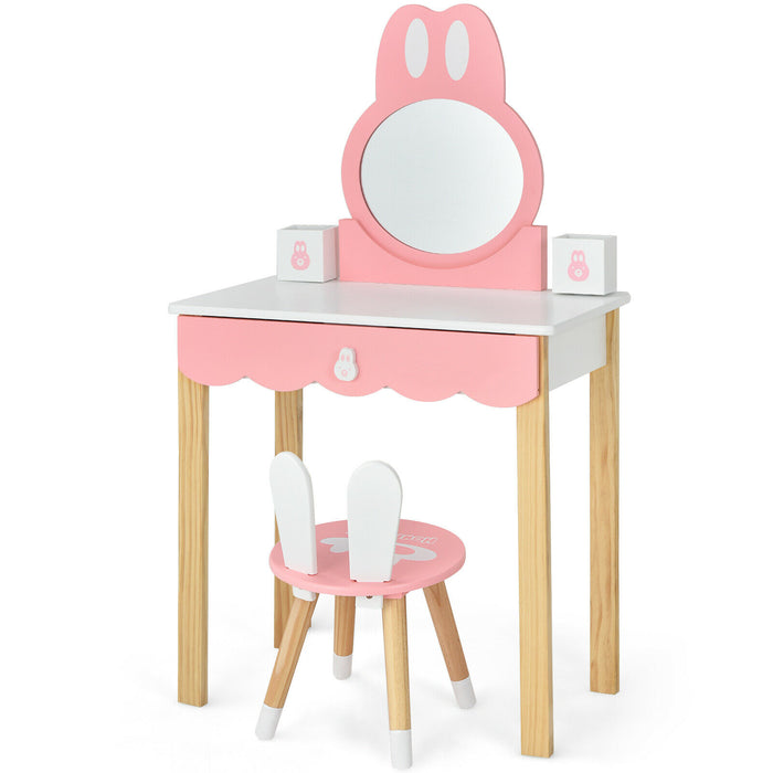 Kids Vanity Table and Chair Set - Pretend Play Furniture with Mirror and Drawers, Pink - Ideal for Imaginative Playtime