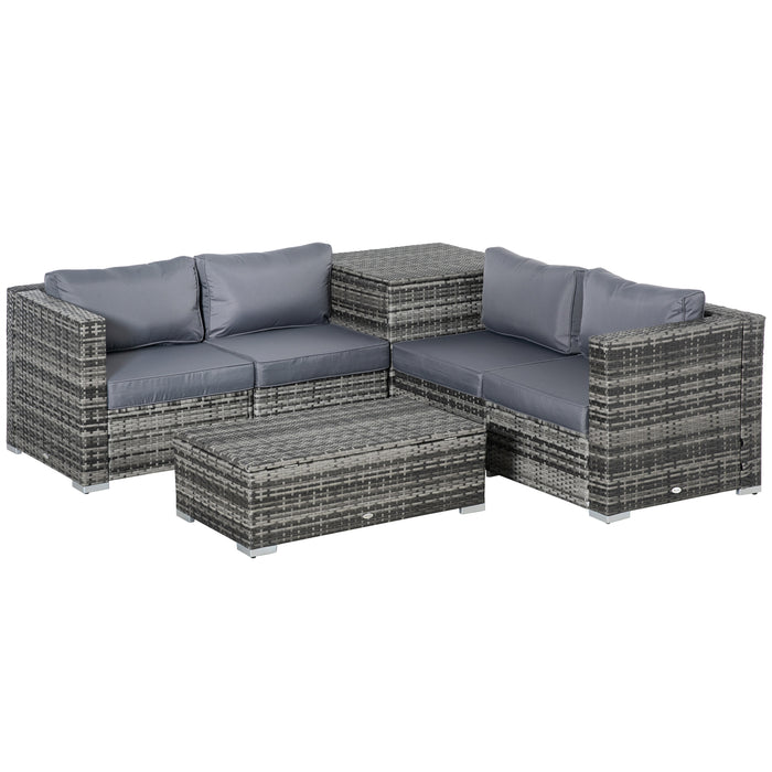 6PC Rattan Corner Sofa Set - 4 Seater Wicker Outdoor Furniture with Storage Coffee Table and Cushioned Ottoman - Ideal for Garden and Patio Entertainment