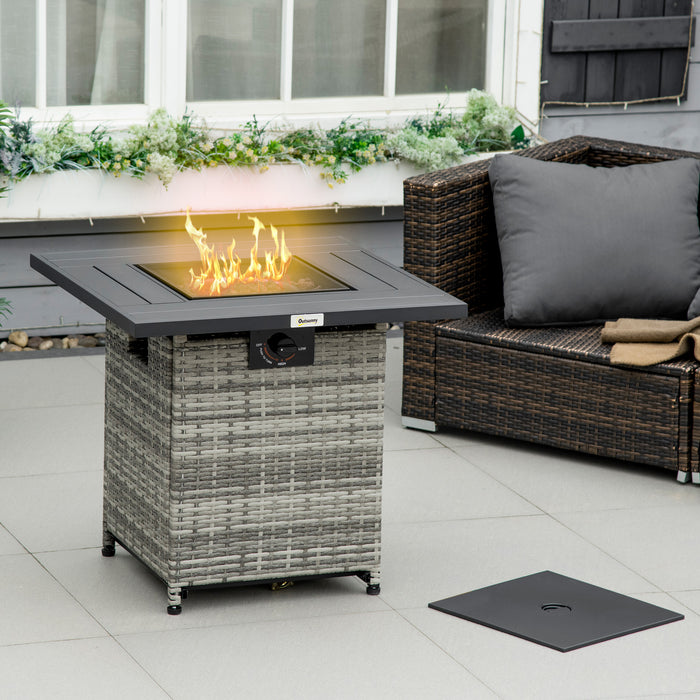 Outdoor PE Rattan Gas Fire Pit Table - Patio Square Propane Heater with Rain Cover, Mesh Lid, Lava Stone, 40,000 BTU - Perfect for Cozy Evenings & Entertaining Guests