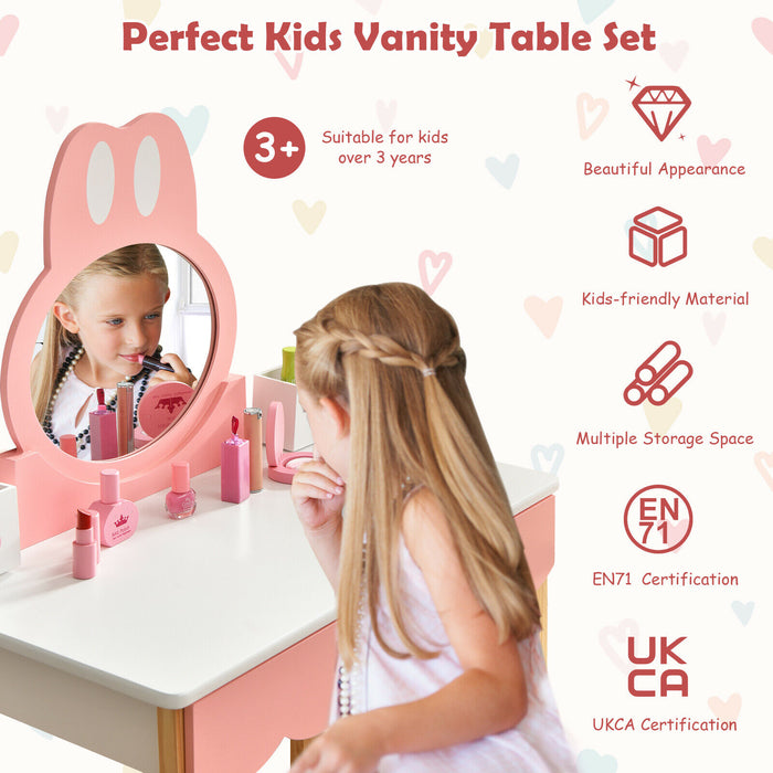 Kids Vanity Table and Chair Set - Pretend Play Furniture with Mirror and Drawers, Pink - Ideal for Imaginative Playtime