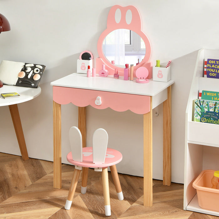 Kids Vanity Table and Chair Set - Pretend Play Furniture with Mirror and Drawers, Pink - Ideal for Imaginative Playtime