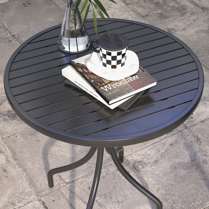 Round Steel-Framed 66cm Patio Table - Garden Side Table with Slat Top Design - Ideal for Outdoor Entertaining and Relaxation