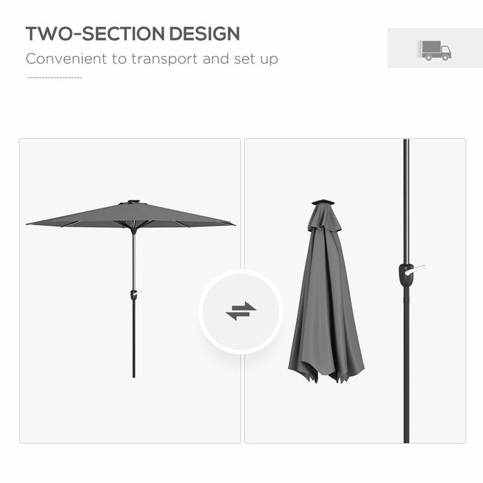 Solar-Powered LED Garden Parasol - Charcoal Grey Patio Umbrella with Crank Handle and Illumination - Perfect for Nighttime Outdoor Relaxation