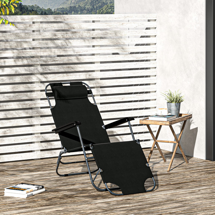 Folding Sun Lounger with Recliner - 2-in-1 Adjustable Back, Garden & Outdoor Chair with Pillow - Ideal for Camping and Relaxation (Black)