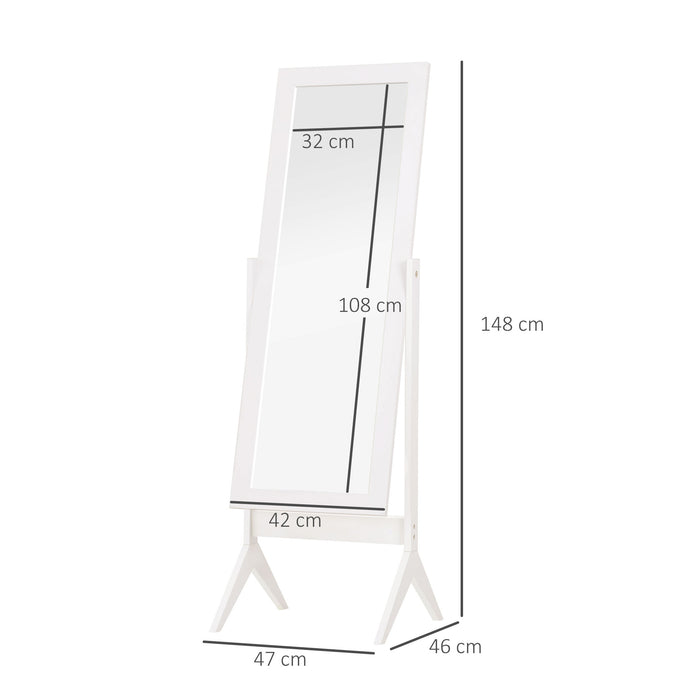 Freestanding Full-Length Bedroom Mirror - Tall 148x47cm with Adjustable Viewing Angle, White Finish - Ideal for Outfit Checks and Room Ambiance Enhancements