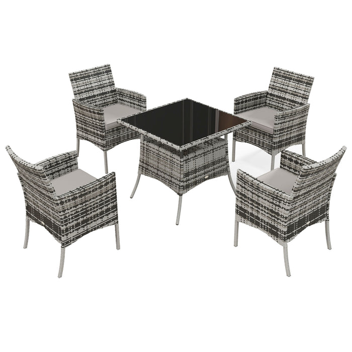 5-Piece Outdoor Dining Set - Tempered Glass Tabletop & 4 Grey Armchairs for Patio and Conservatory - Elegant Al Fresco Meal Solution