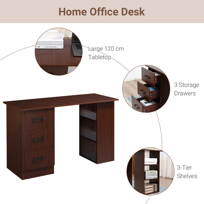 120cm Walnut Brown Computer Desk - Storage Shelves and Drawers Writing Table Workstation - Ideal for Home Office and Study Spaces