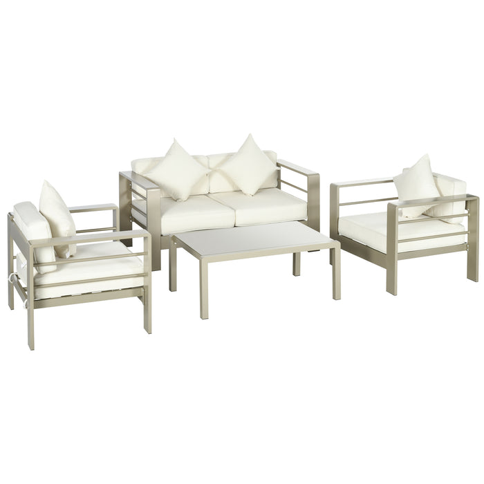 Aluminum Outdoor Garden Furniture 4-Piece Set - Cushioned Loveseat & Glass Top Table in Champagne Gold - Elegant Patio and Backyard Comfort Ensemble