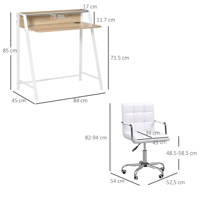 Elegant White Home Office Suite - Swivel Wheeled Faux Leather Chair & Storage Shelf Study Desk - Ideal for Remote Working and Comfortable Studying