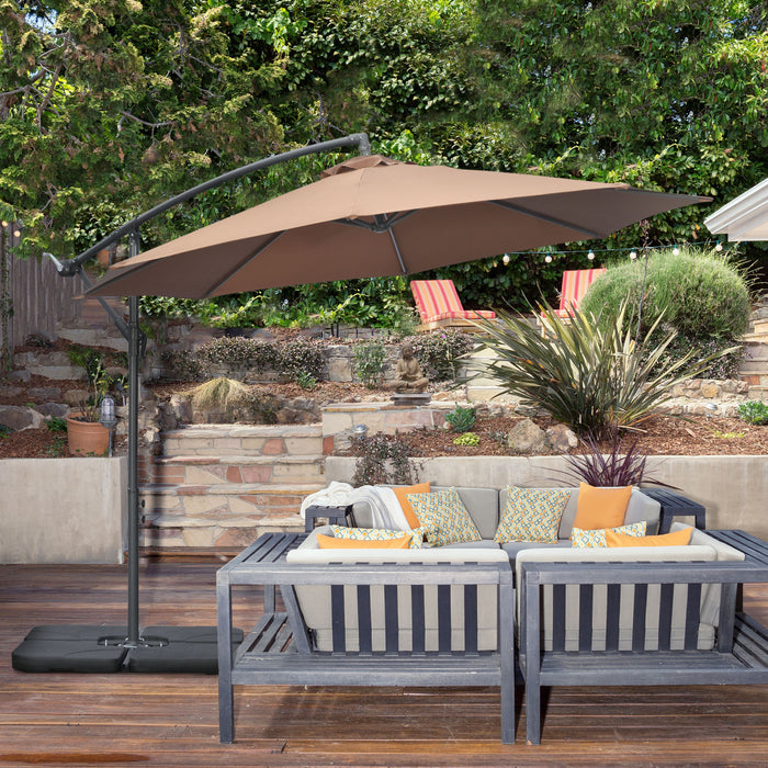 Deluxe Garden Banana Parasol - Cantilever Umbrella with Crank Handle and Cross Base, Includes Weights and Cover, Coffee Color - Perfect for Outdoor Sun Shade and Relaxation