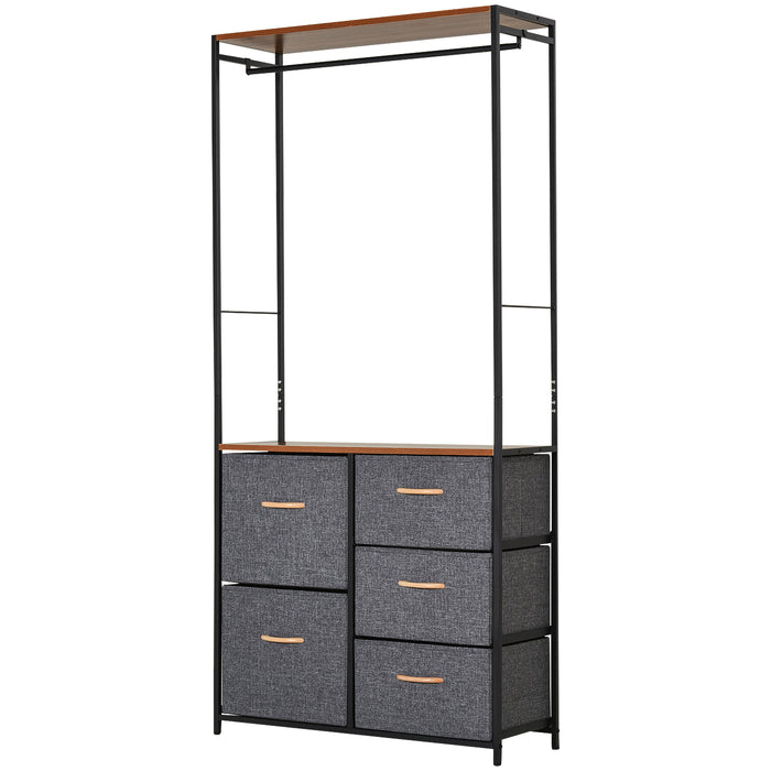 Steel Frame Chest of Drawers with Coat Rack - 5 Spacious Drawers, Sleek Black and Brown Finish, Bedroom and Hallway Organizer - Space-Saving Home Furniture Solution