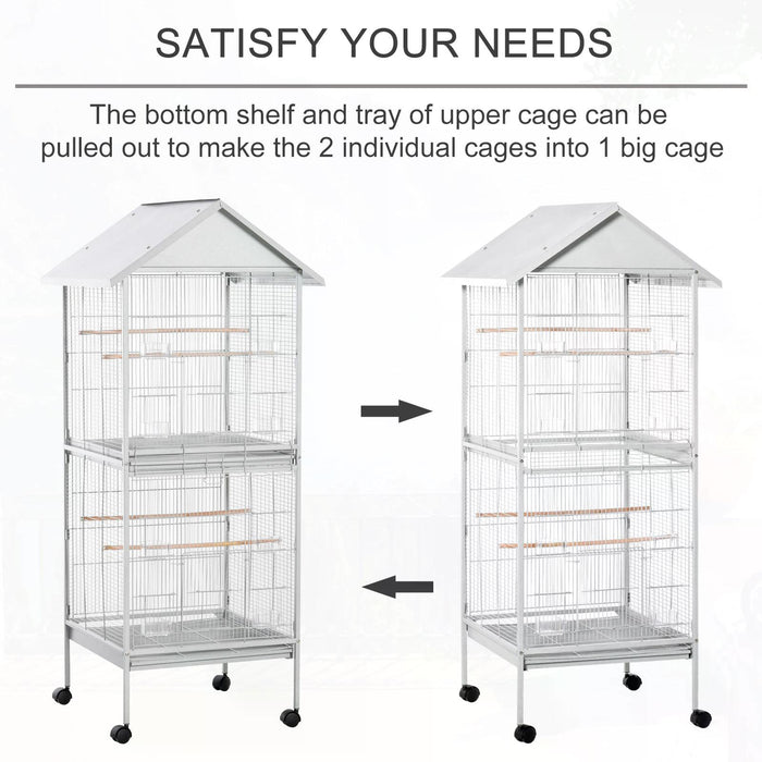 170cm Tall White Metal Bird Cage - Parrot Home with Mobile Feeder, Perches, Food Containers, Rolling Stand & Wheels - Ideal for Avian Enthusiasts & Pet Safety