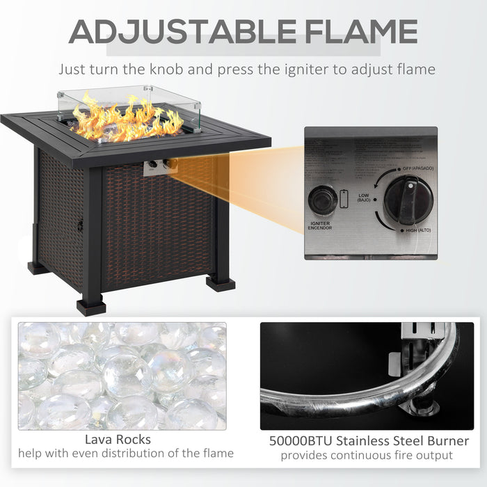 50000 BTU Square Rattan Gas Fire Pit Table - Smokeless Patio Heater with Glass Screen and Lid, Includes Fire Beads - Ideal Outdoor Centerpiece for Entertainment and Warmth