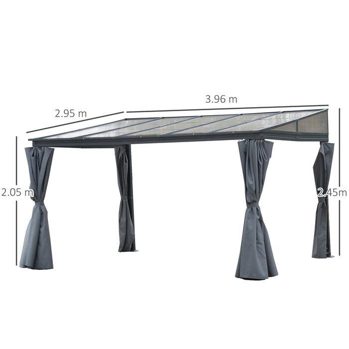 Aluminium Hardtop Pergola Gazebo 4x3m - PC Roof, Lean-To Design, Garden Sun Shelter with Curtains in Grey - Ideal for Outdoor Parties and Gatherings