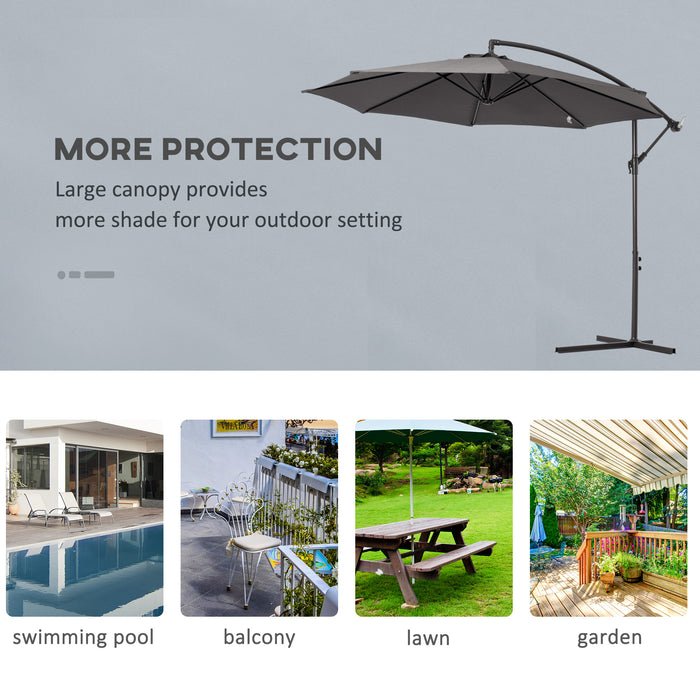 Banana Cantilever Garden Umbrella with Crank Handle - 3M Sunshade, 8-Rib Structure, Grey, Includes Cross Base - Ideal for Outdoor Relaxation and UV Protection