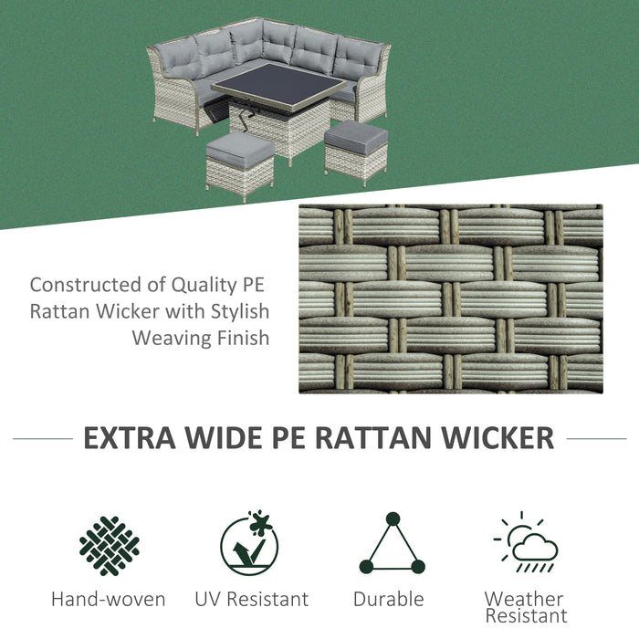 7-Seater PE Rattan Corner Sofa - Adjustable Patio Conversation Set with Rising Table & Wicker Sectional - Comfortable Outdoor Furniture with Cushions for Family and Guests