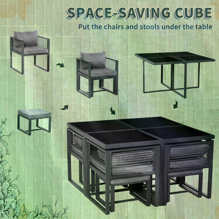 Aluminium 8-Person Cube Garden Dining Set - Outdoor Furniture with Table, 4 Chairs, 4 Footstools & Cushions - Ideal for Patio Entertaining and Family Gatherings