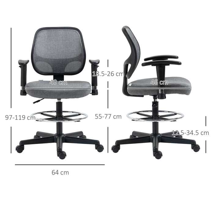 Adjustable Tall Drafting Chair with Footrest Ring - Ergonomic Fabric Chair for Standing Desks with Swivel Wheels, Armrests, Grey - Ideal for Designers and Architects