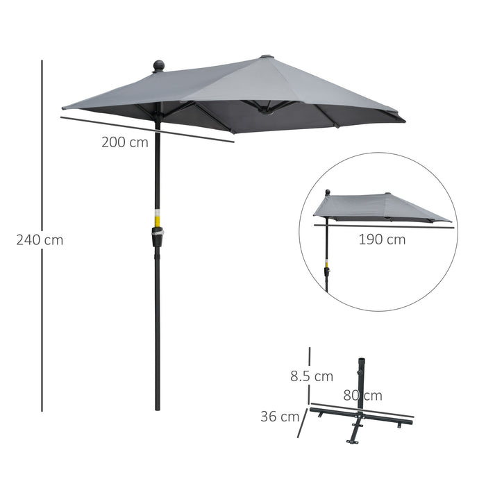 Half Parasol Market Umbrella - 2m Double-Sided Canopy with Crank Handle and Cross Base, Dark Grey - Ideal for Small Gardens and Balconies