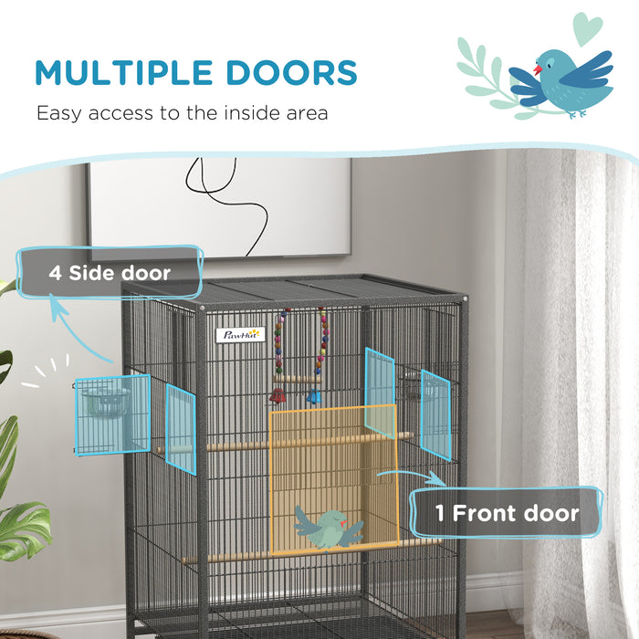 Rolling Bird Cage with Stand for Budgies - Durable Small Bird Enclosure in Grey - Ideal Home for Pet Finches and Canaries