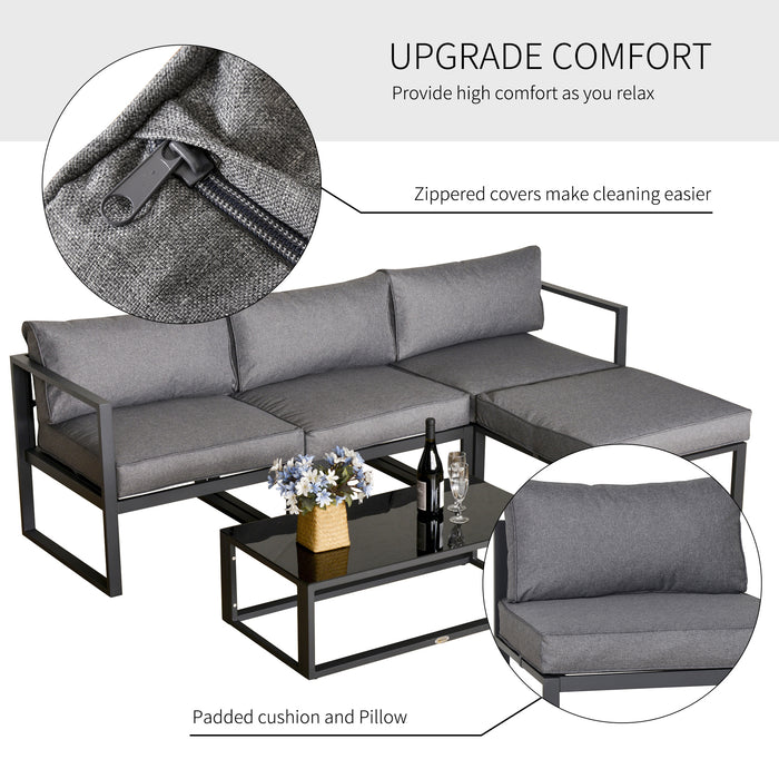 5-Piece Patio Lounge Set with Glass Top Coffee Table - Outdoor Sofa, Cushioned Seats, Metal Frame Construction - Ideal for Garden, Balcony, and Backyard Relaxation in Grey