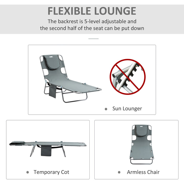 Portable Beach Chaise Lounge with Face Hole & Armrests - Sunbathing Recliner with 5 Adjustable Positions, Grey - Ideal for Poolside Relaxation & Tanning Sessions