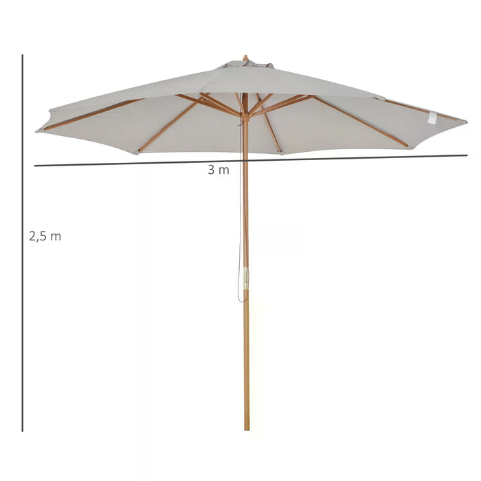 3M Fir and Bamboo Garden Parasol - Wooden Outdoor Umbrella with Grey Canopy Sun Shade - Ideal for Patio and Backyard Comfort