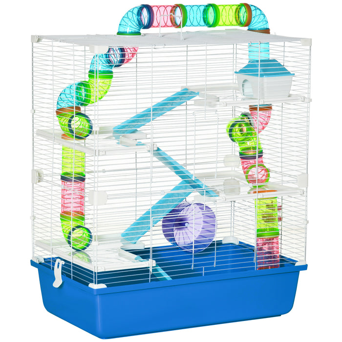 5-Level Gerbil Haven Cage - Spacious Multi-Storey Hamster Home with Tunnel Tubes, Water Bottle & Exercise Wheel - Ideal for Small Rodents with Ramps, 59x36x69 cm, Blue