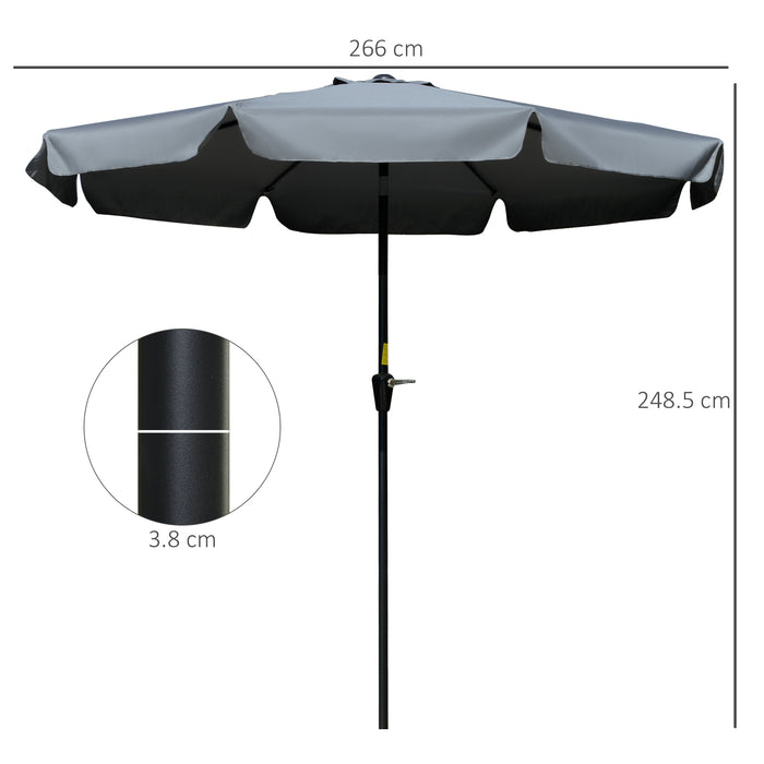 2.66m Charcoal Grey Patio Umbrella - Outdoor Garden Parasol with Sun Shade, 8 Sturdy Ribs & Decorative Ruffles - Ideal for Deck, Balcony & Poolside Relaxation