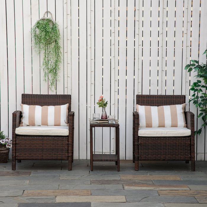 Rattan Garden Furniture Bistro Set - 3-Piece Wicker Patio Ensemble with Sofa Chairs & Table, Cushions Included - Ideal for Conservatory or Outdoor Leisure