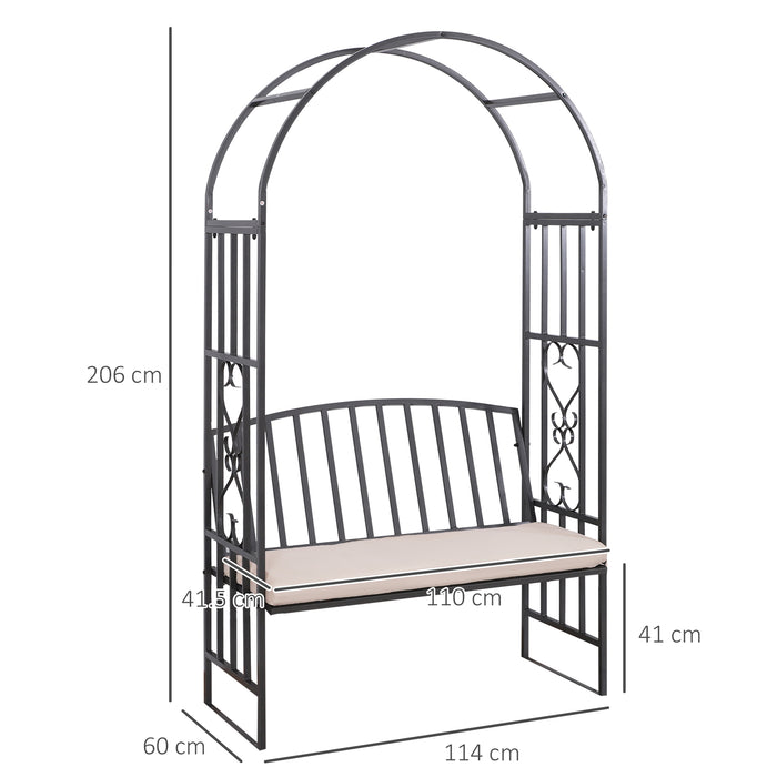 Outdoor Metal Arch Bench with Cushion - Patio Rose Trellis Arbour Chair, Climbing Plant Support - Garden Pergola Seating for Relaxation and Landscaping