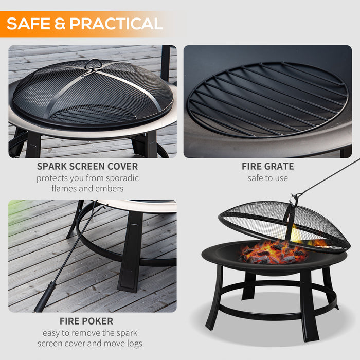 Outdoor Large Metal Firepit Bowl - Heavy-Duty Round Fire Pit with Lid, Log Grate, Poker - Ideal for Backyard, Camping, BBQ, Bonfire Gatherings