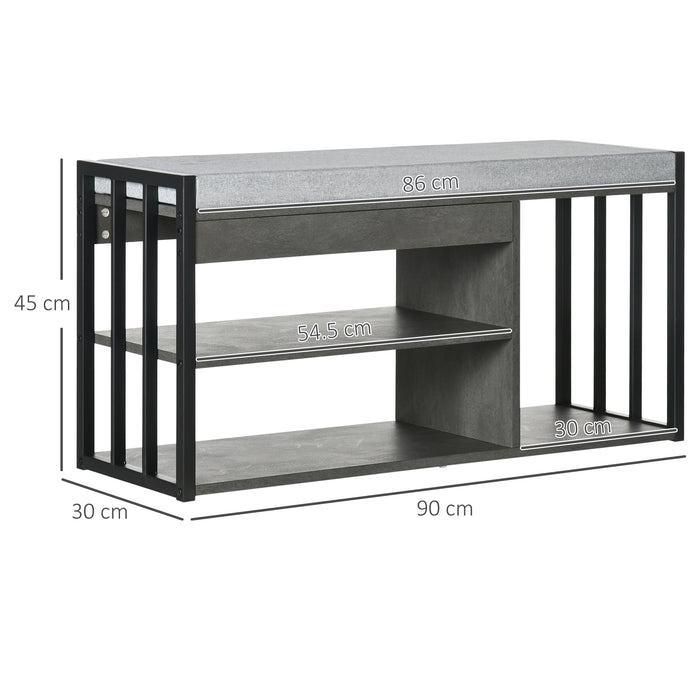 Upholstered Grey Shoe Bench with Seating - 3-Tier Entryway Storage Solution with Open Shelves - Stylish Organizer for Hallway Comfort and Clutter-Free Space