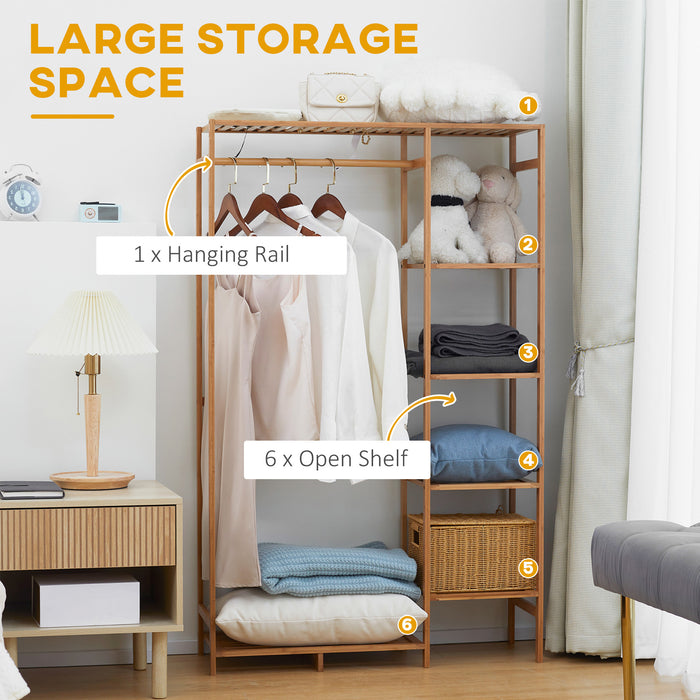 Bamboo Garment Rack with Hanging Rod - 6-Tier Bedroom Clothing Organizer with Storage Shelves - Space-Saving Solution for Living Room and Entryway