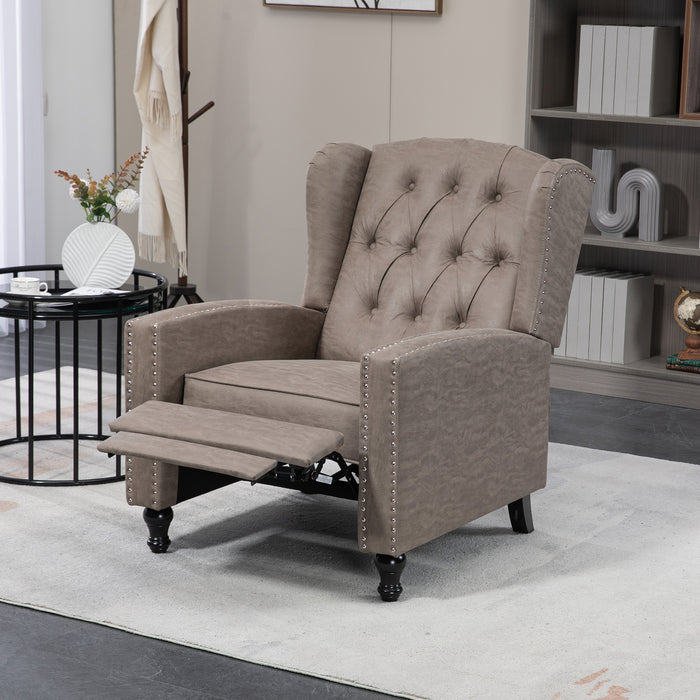 Studded Upholstered Recliner Chair - Luxurious Reclining Comfort with Retractable Footrest - Ideal for Cozy Lounging and Relaxation