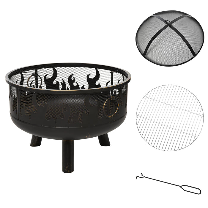 Outdoor 2-in-1 Fire Pit and BBQ Grill - Steel Bowl Heater with Cooking Grate and Spark Screen - Ideal for Backyard Bonfires and Patio Cookouts