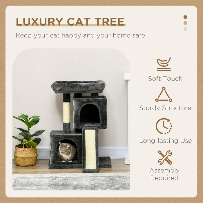 3-Tier Cat Leisure Tree with Sisal Rope - Dark Grey Sturdy Play Tower for Felines - Ideal for Scratching, Climbing, and Relaxing