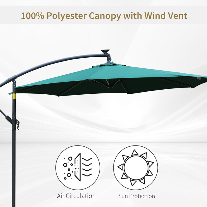 3M Cantilever Patio Banana Parasol - LED, Crank, Cross Base, Offset Hanging Design in Green - Perfect for Garden, Outdoor Table Shade & Entertainment