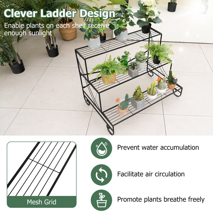 3-Tier Ladder - Mental Plant Stand with Grid Shelf - Ideal for Displaying Multiple Plants Indoors and Outdoors